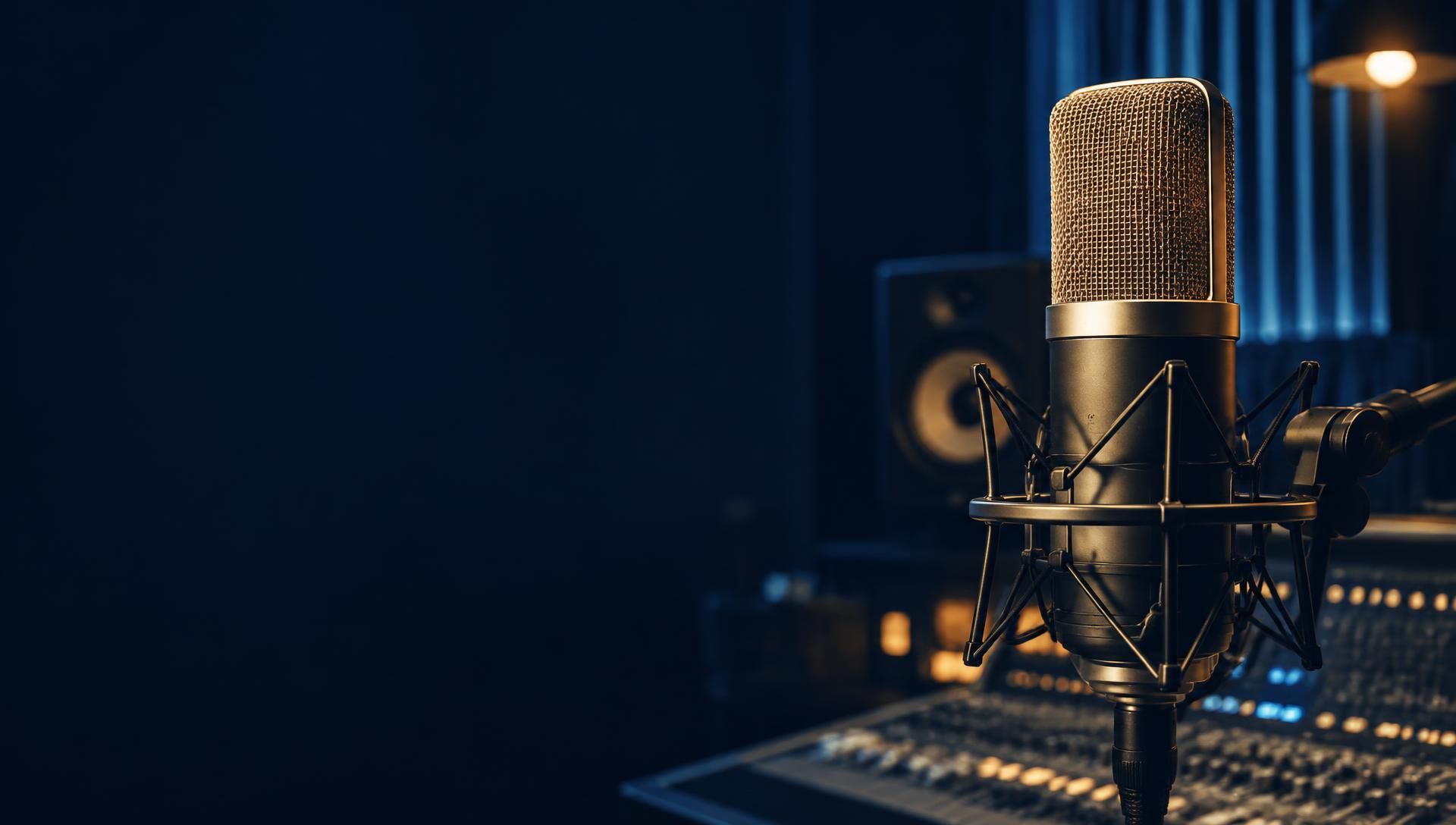 Golden studio microphone in a music recording space